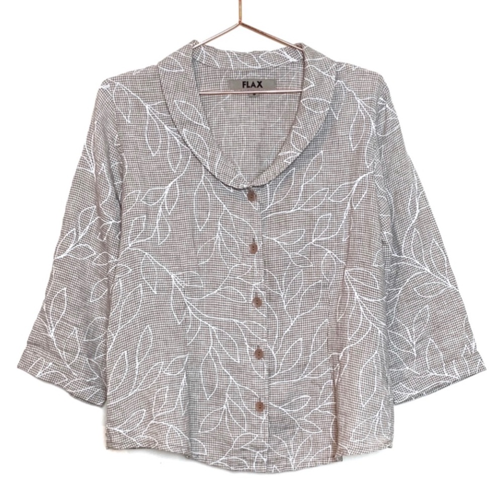 Flax Linen Gingham Plaid Button Down Top.